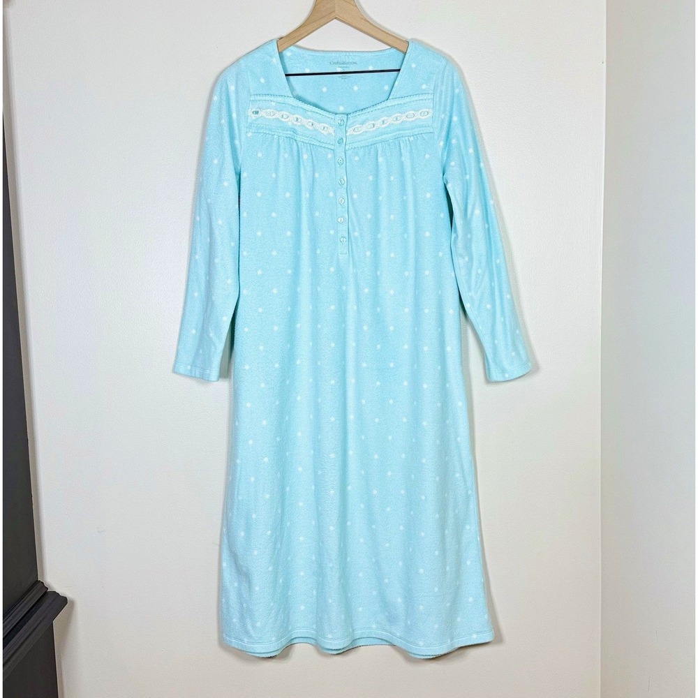 Croft & Barrow Womens Fleece Midi Nightgown Dress S Blue Polka Dot Grandma Cozy